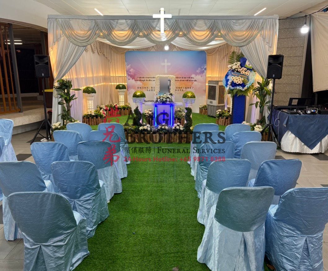 A Christian altar draped in white with a cross