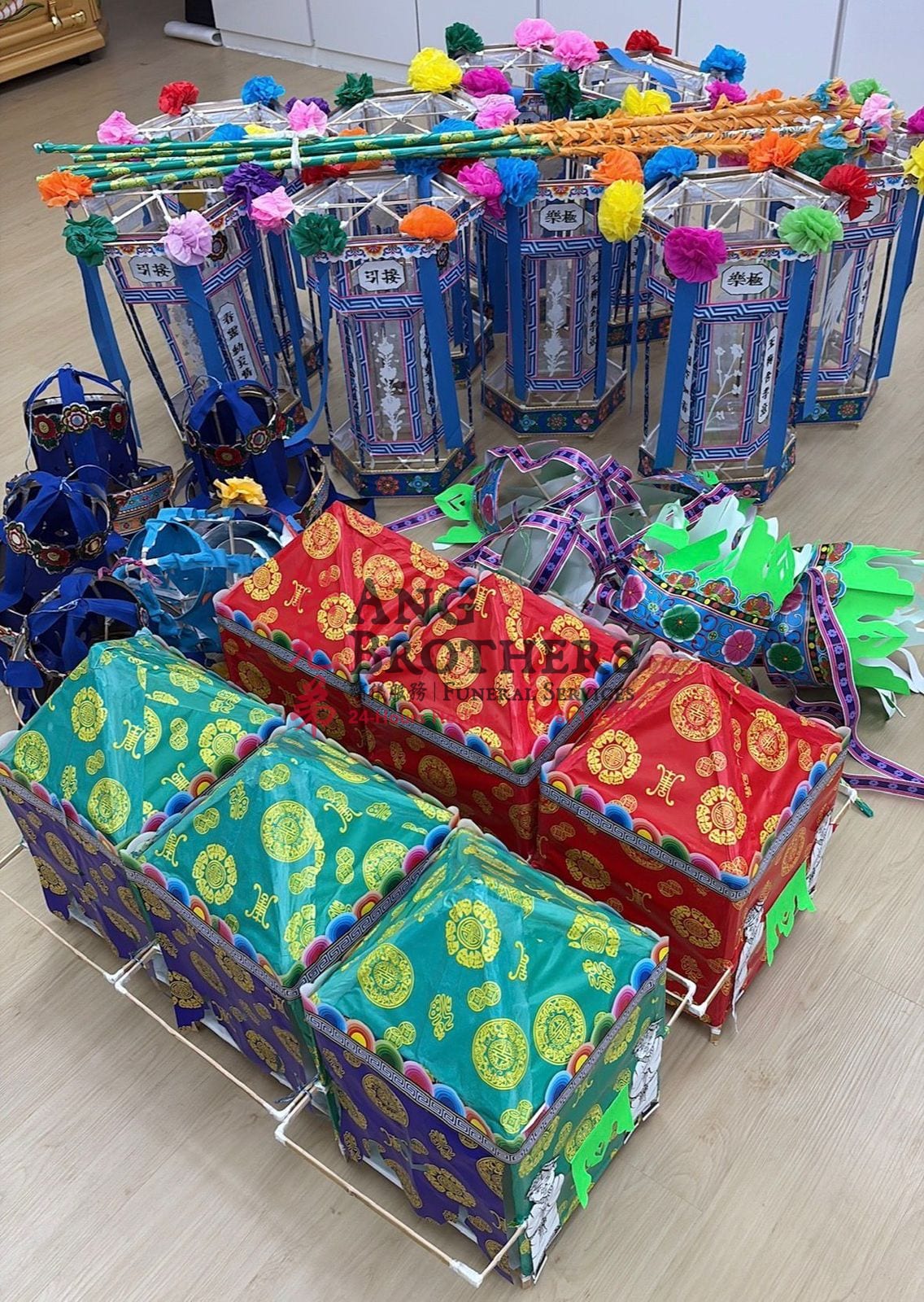 Colourful paper lanterns and offerings made in house