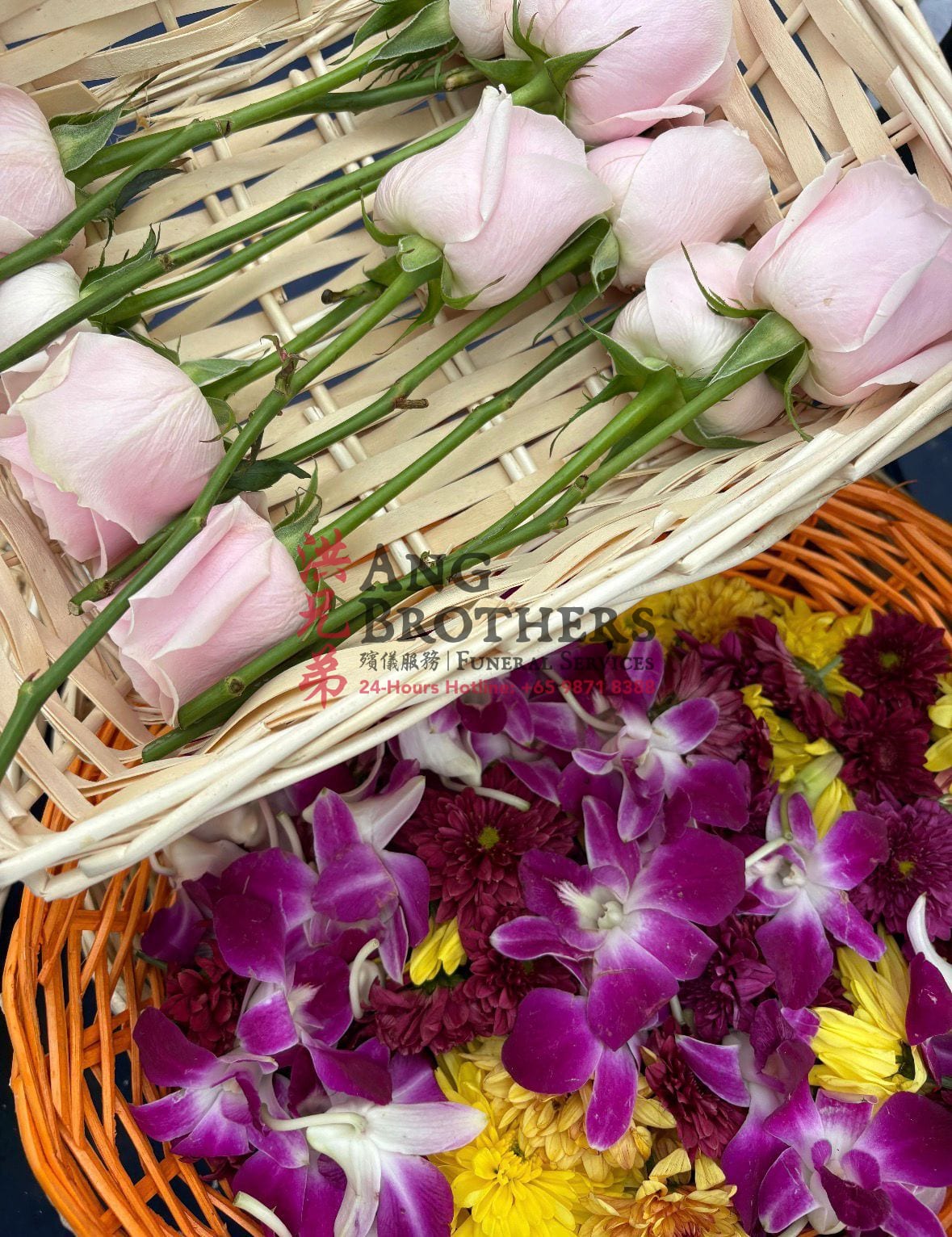A basket of fresh roses and petals prepared for a sea burial